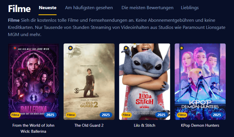 Bildschirmfoto der Filmpalast Oberfläche mit verschiedenen Filmtiteln und Serienfolgen